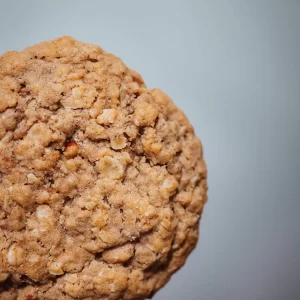 Close up of almond butter oatmeal cookie