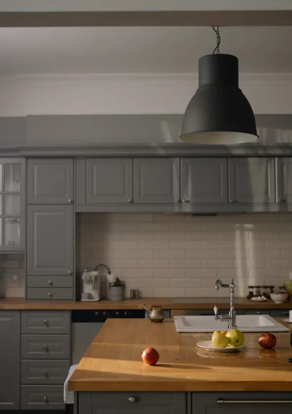 Grey cabinets in kitchen
