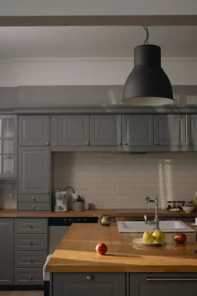 Grey cabinets in kitchen