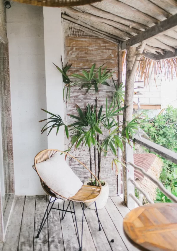 apartment patio chair and table with plant in background