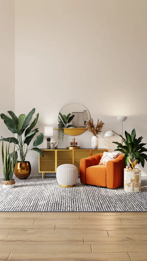living room with orange chair and plant in corner