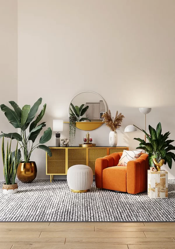 living room with orange chair and plant in corner