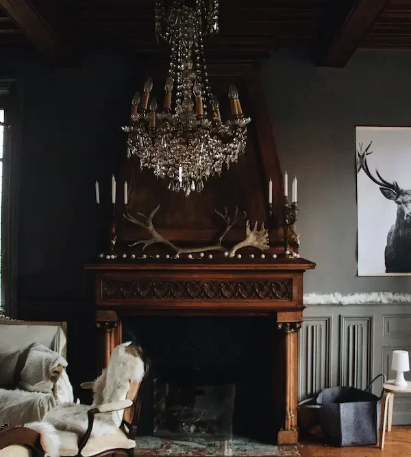 living room with candles on mantle