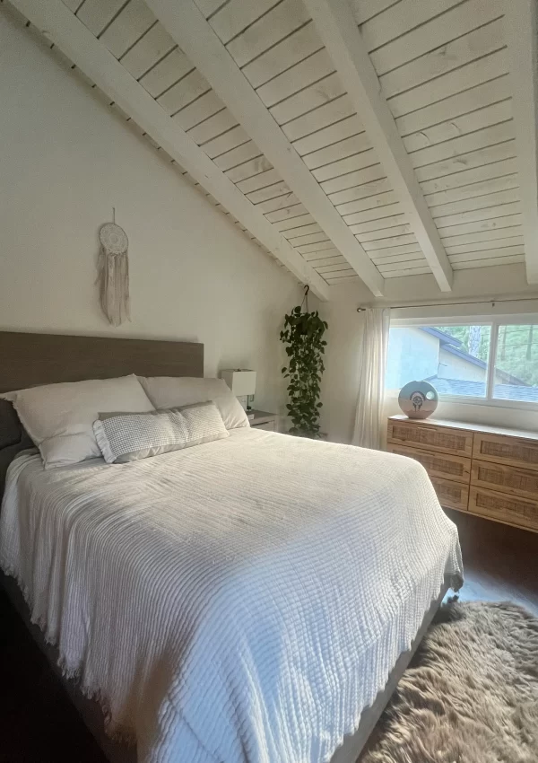 bedroom with light colored bedding and a plant hanging in the corner
