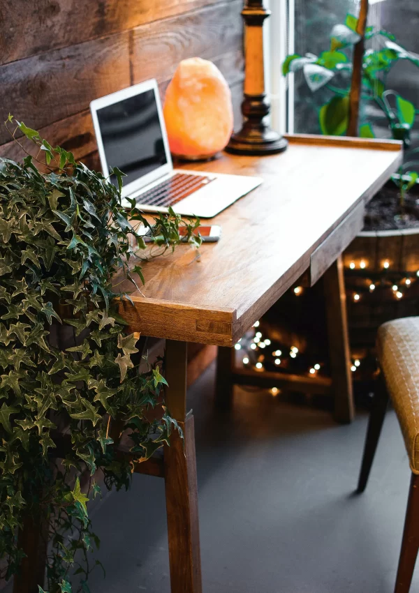 salt lamp near laptop on wooden desk